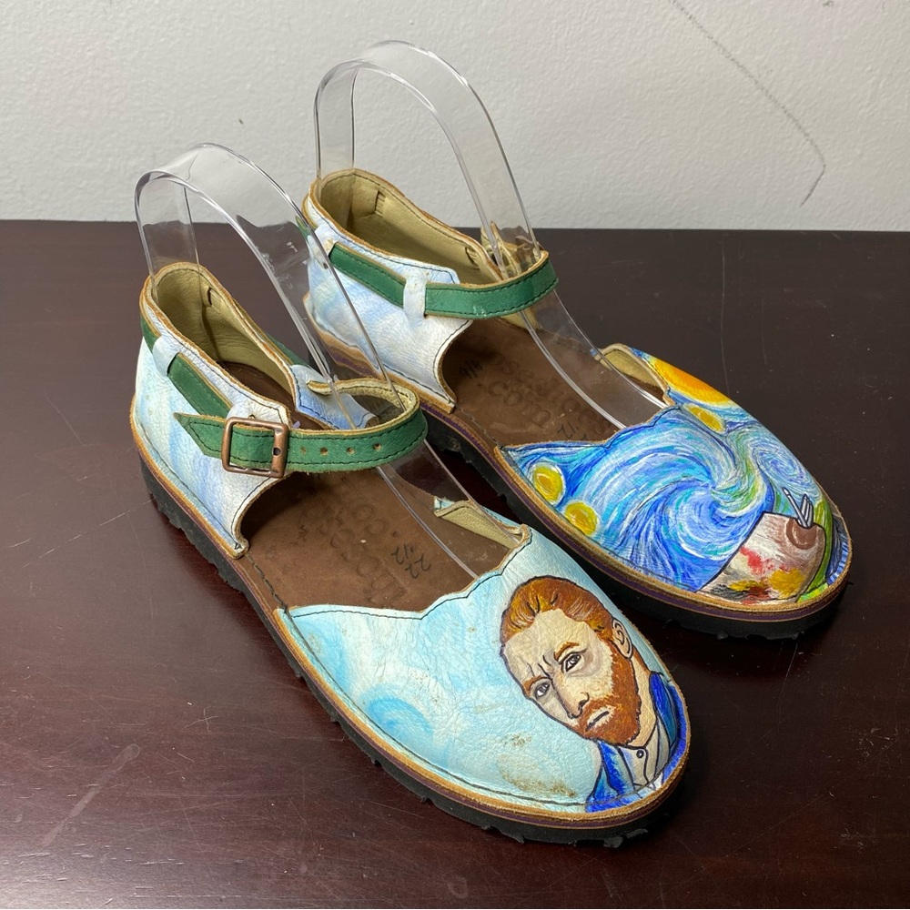 Handmade Custom Leather Sandals Van Gogh Starry Night & self portrait